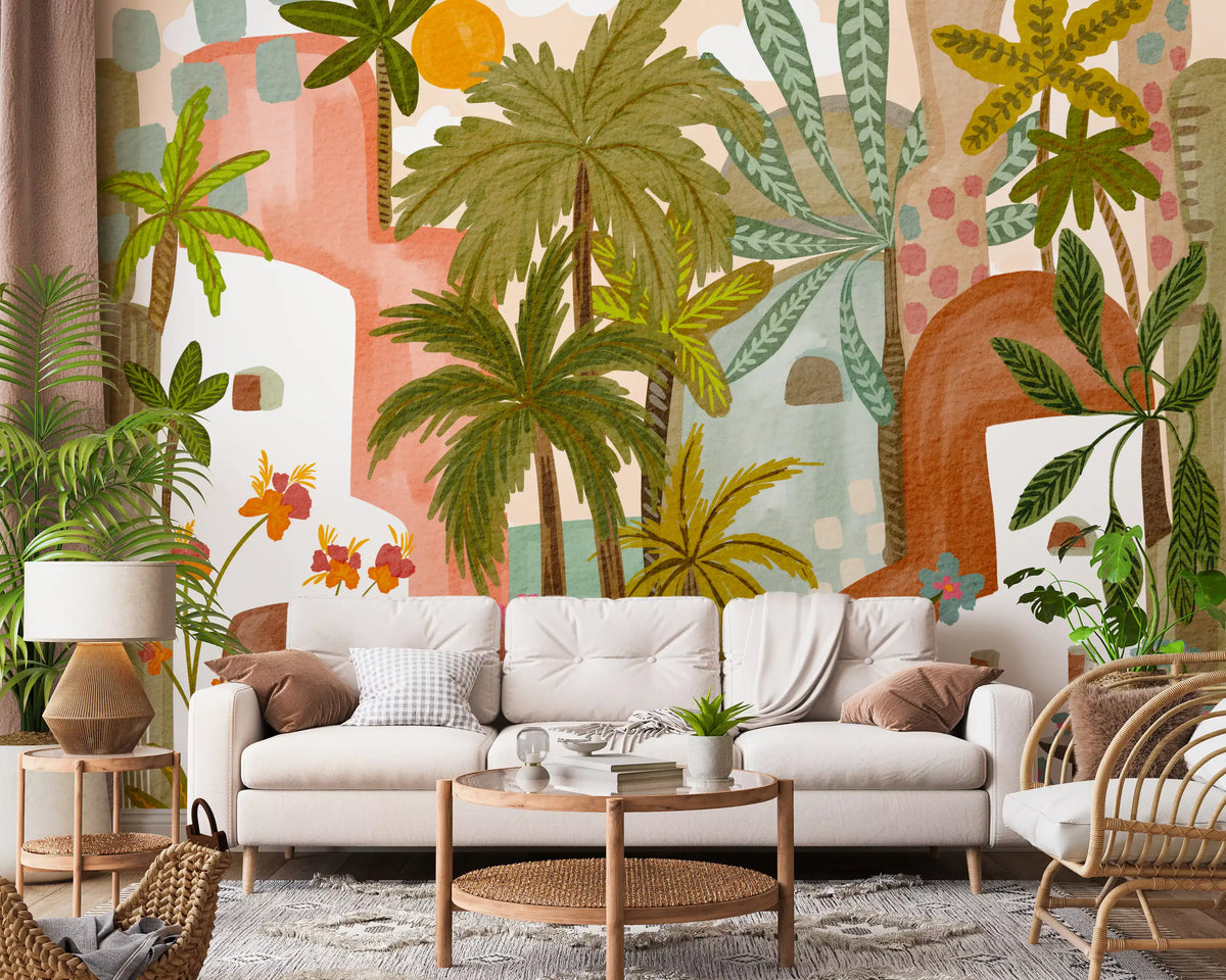 Papier peint panoramique mural Oasis de palmiers méditerranéenne