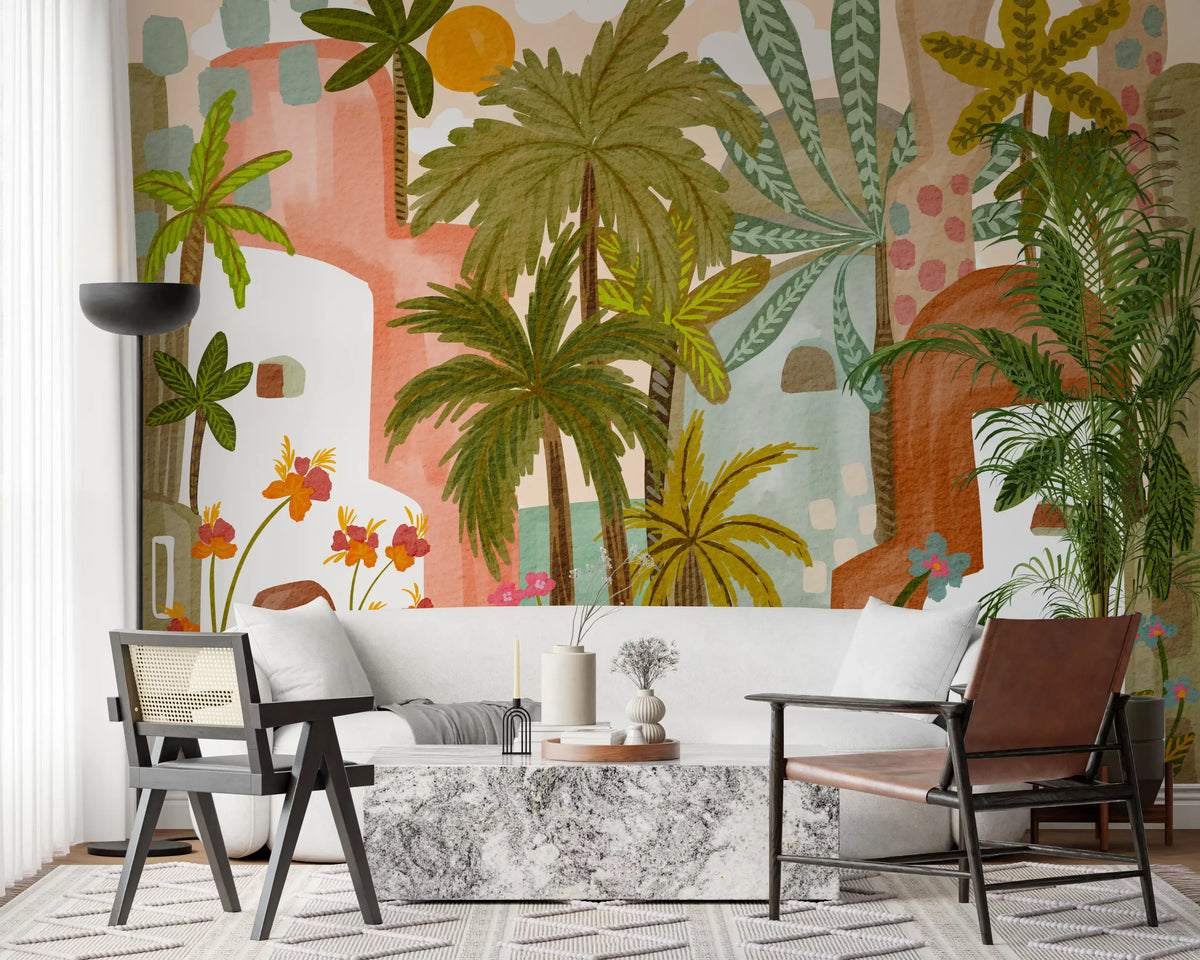 Papier peint panoramique mural Oasis de palmiers méditerranéenne