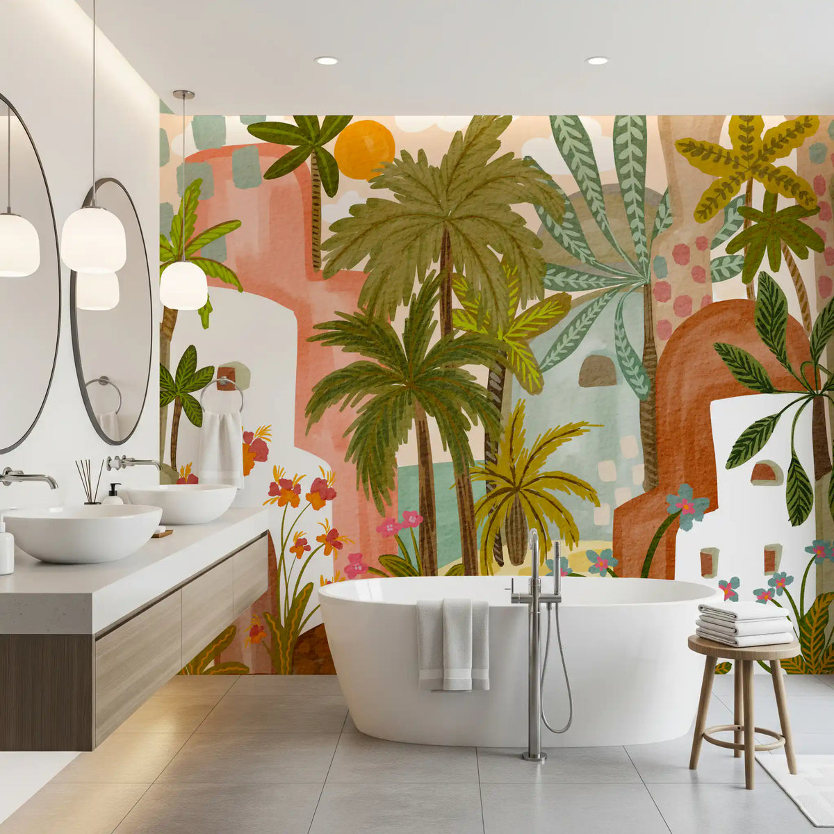 Papier peint panoramique mural Oasis de palmiers méditerranéenne