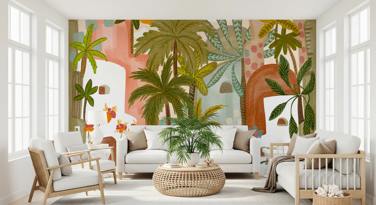 Papier peint panoramique mural Oasis de palmiers méditerranéenne