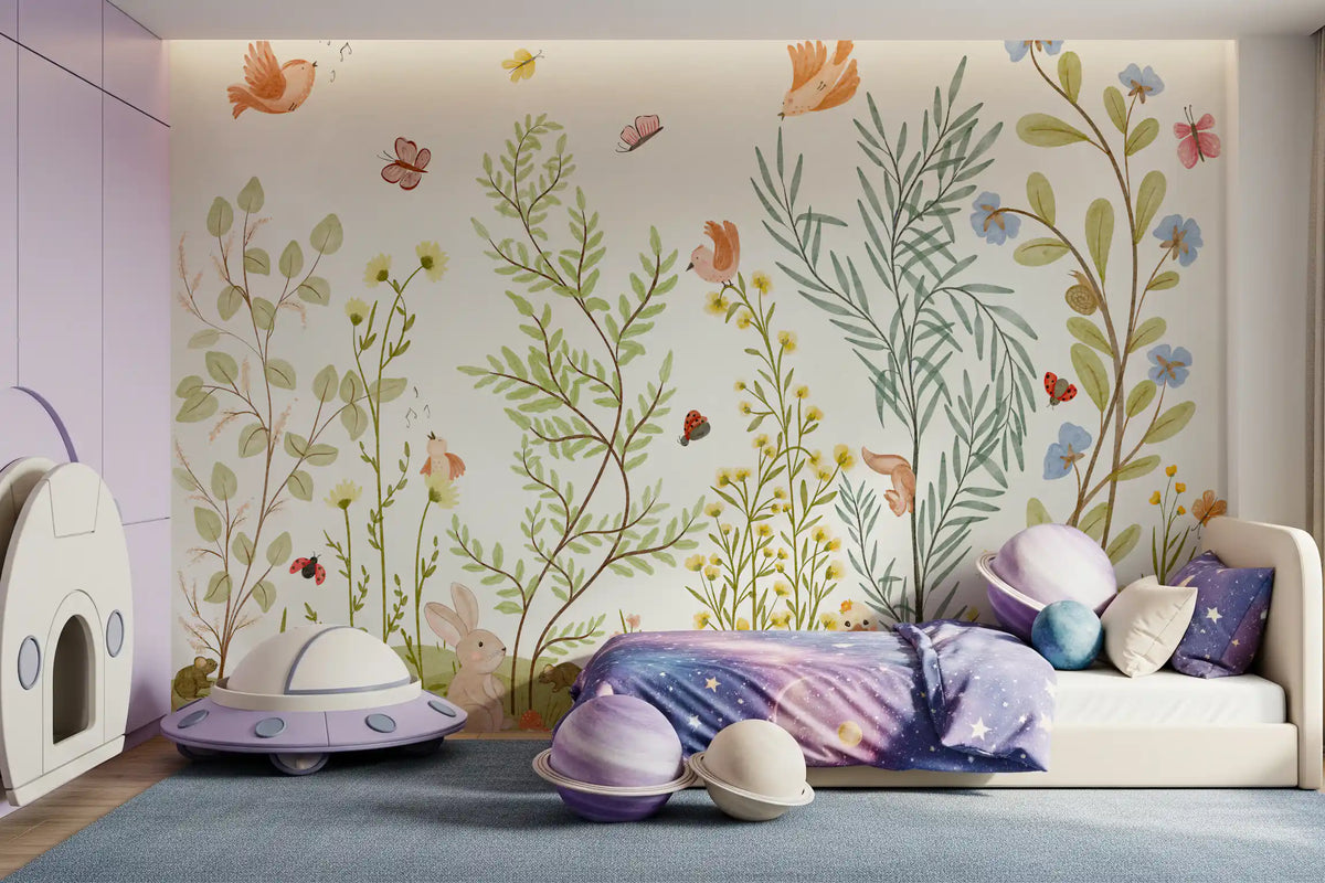 Panorama mural scène botanique de prairie enchantée