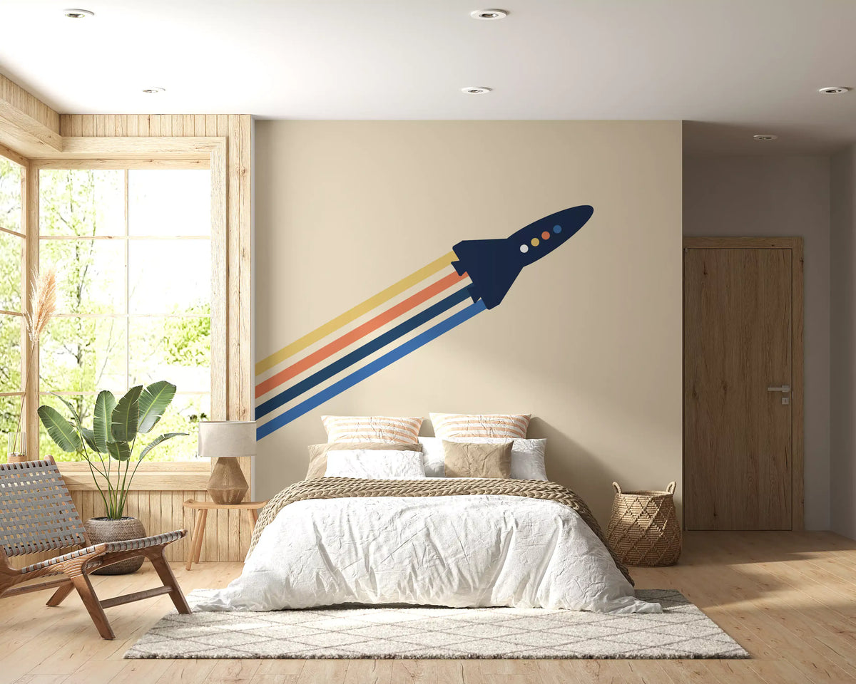Space wallpaper in bedroom with white bed, woven lounge chair and leafy plants GD13174