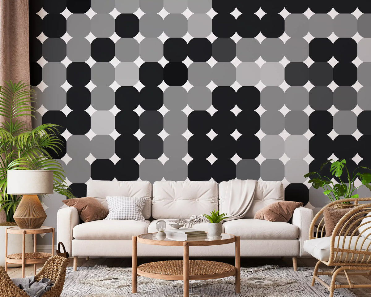 Papier peint panoramique mural à grille de points géométriques monochromes