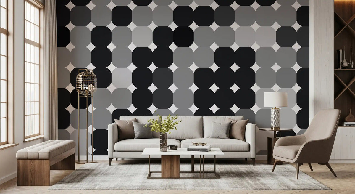Papier peint panoramique mural à grille de points géométriques monochromes