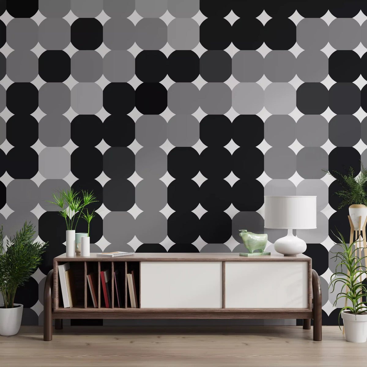 Papier peint panoramique mural à grille de points géométriques monochromes
