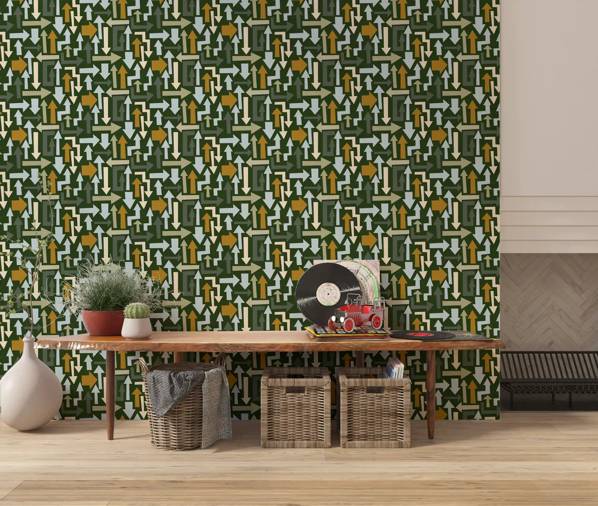 Tapeta z geometrycznymi strzałkami kierunkowymi w naturalnych odcieniach