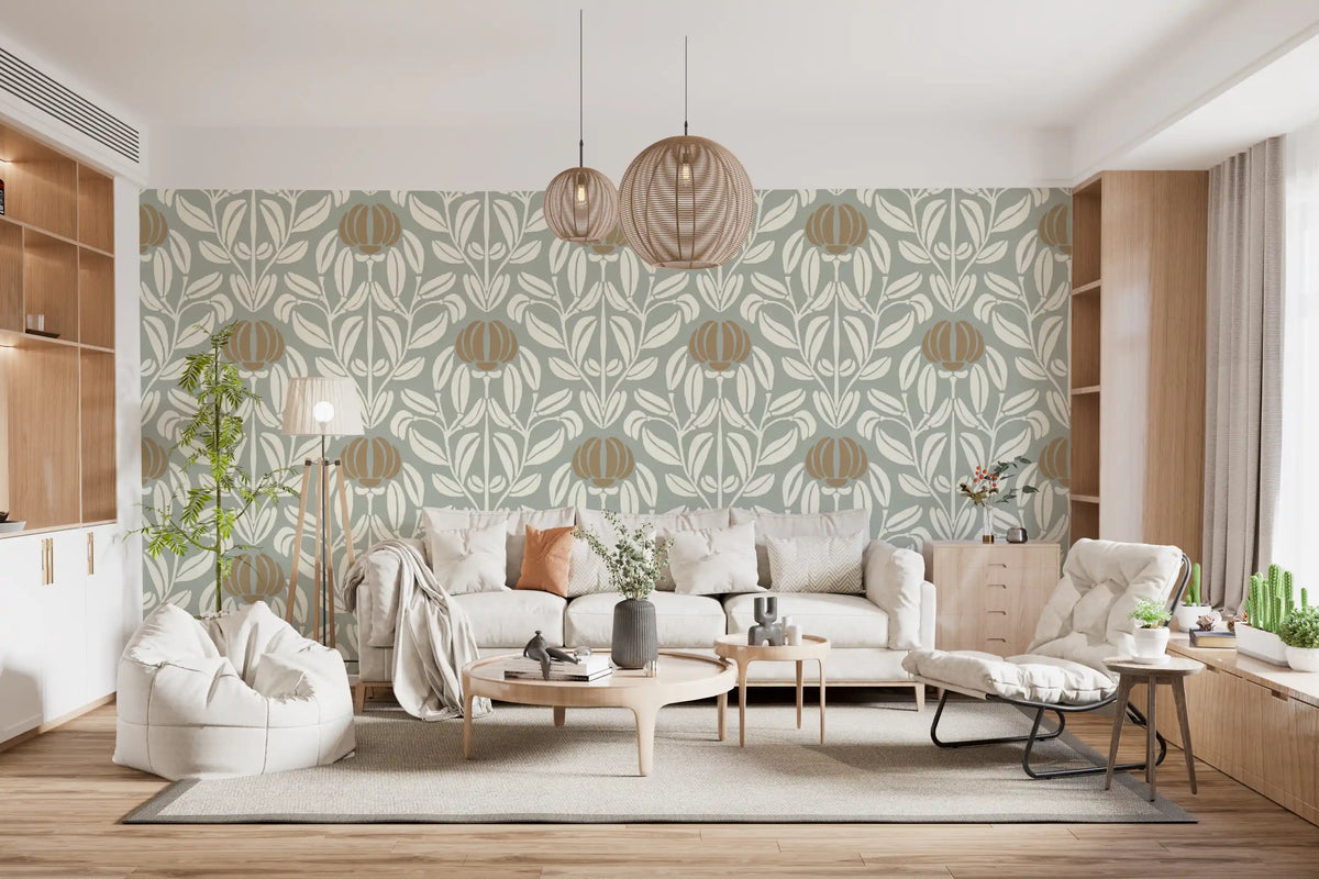 Botanische Symmetrie-Tapete in Salbeigrün und Creme⁠