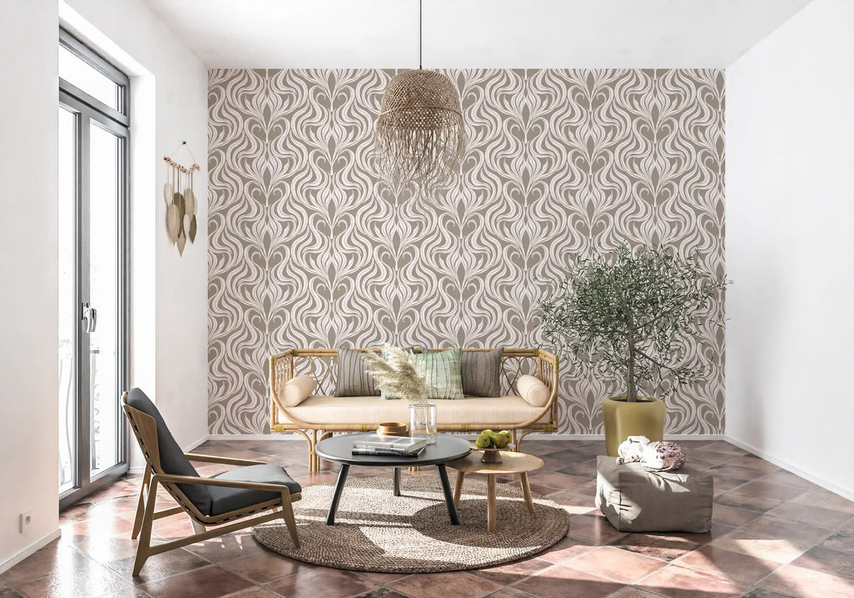 Botanische Damasttapete in Creme und Beige