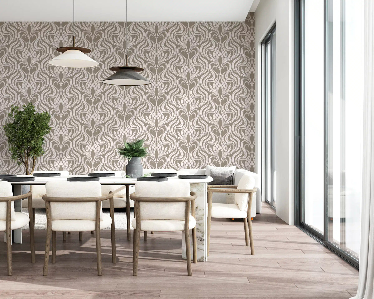 Botanische Damasttapete in Creme und Beige
