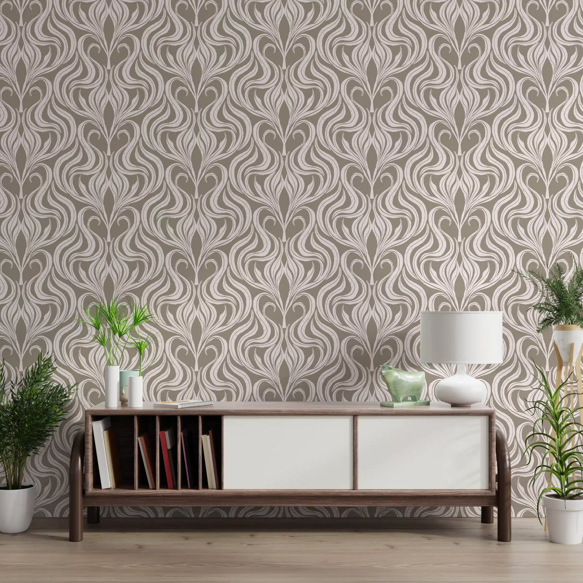 Botanische Damasttapete in Creme und Beige