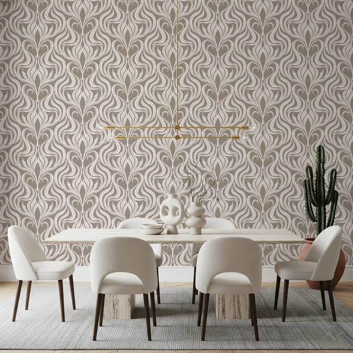 Botanische Damasttapete in Creme und Beige