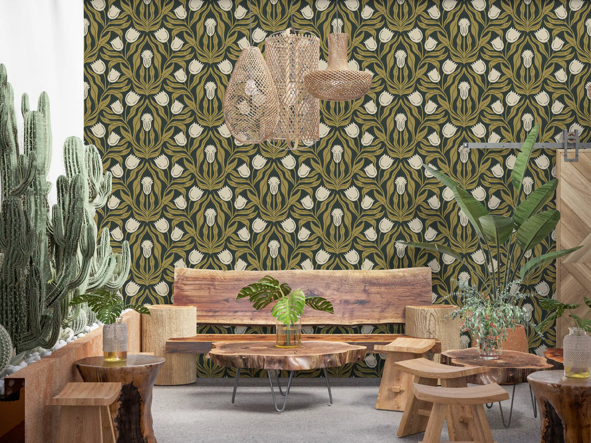 Papier peint à motif botanique de tulipes Art nouveau⁠