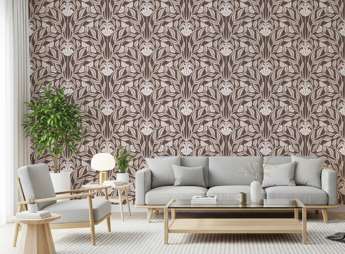 Carta da parati damascata con giardino botanico monocromatico⁠