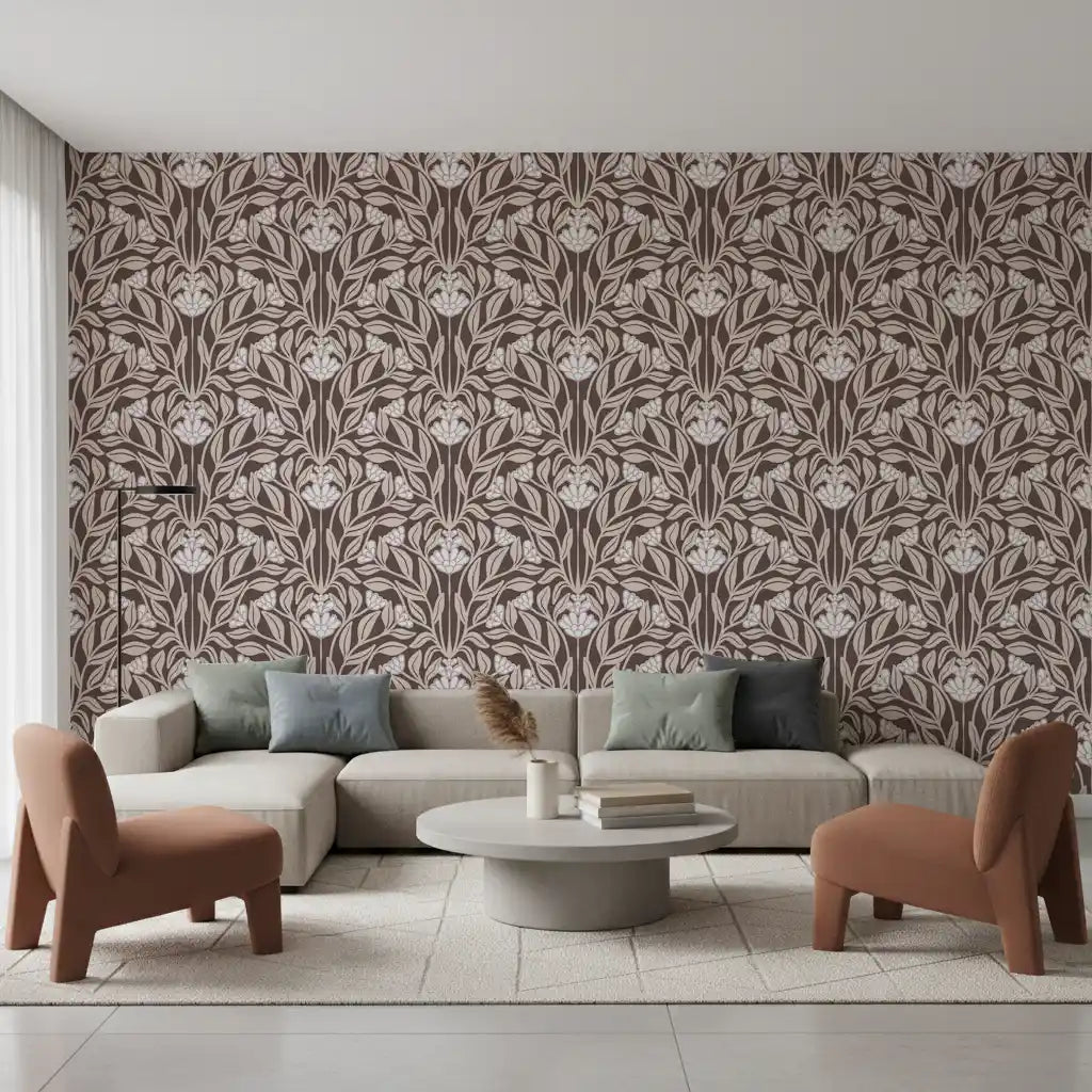Carta da parati damascata con giardino botanico monocromatico⁠