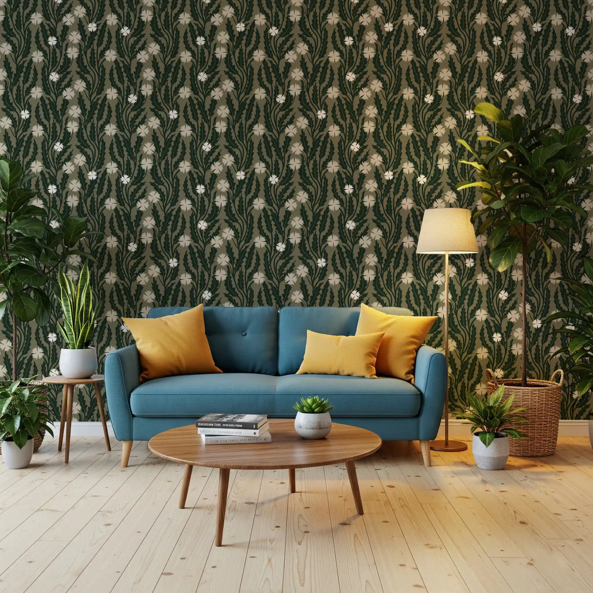 Botanische Illustration einer Waldwiese als Tapete