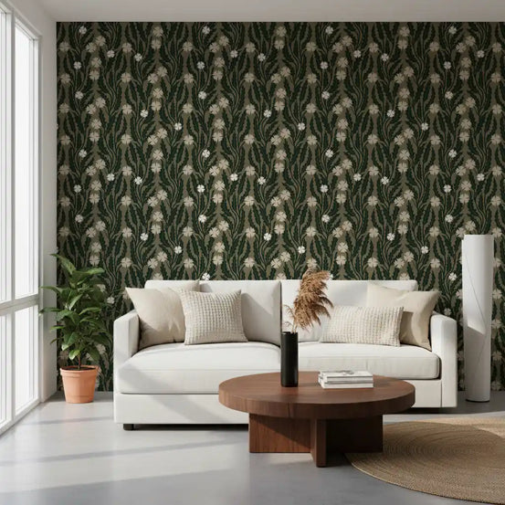 Tapet med botanisk illustration af skoveng⁠