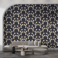 Minimalistische Tapete mit floraler Symmetrie in Anthrazit