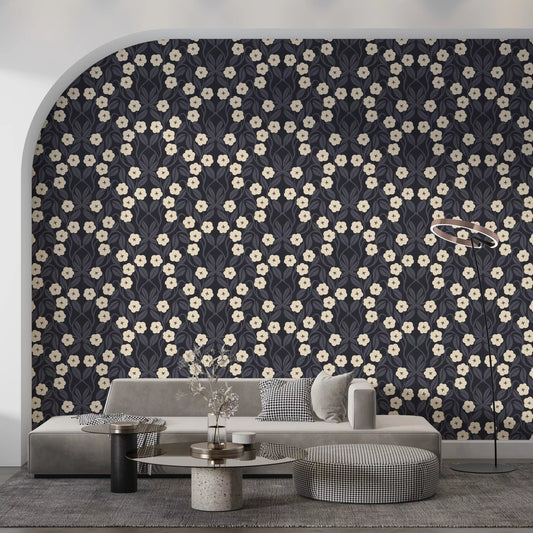Minimalist Charcoal Floral Symmetry Wallpaper⁠