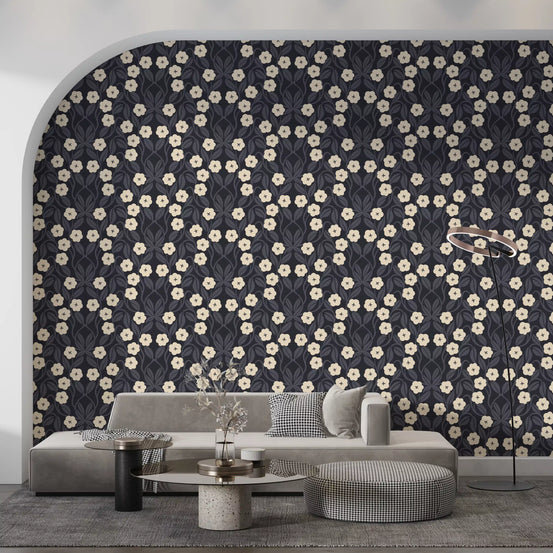 Minimalistisk tapet med symmetriske koksgrå blomstermotiver