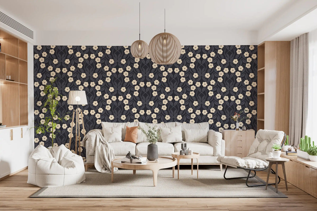 Minimalistische Tapete mit floraler Symmetrie in Anthrazit