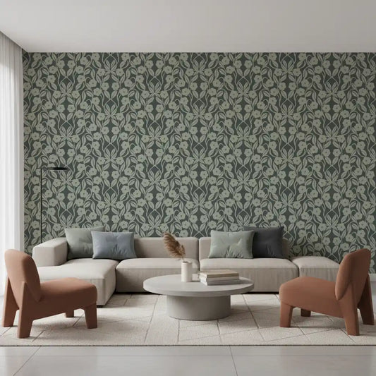 Sage Botanical Scroll Damask Wallpaper⁠