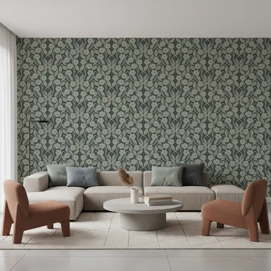Tapet med botanisk damaskmønster og slyngede motiver i salviegrøn