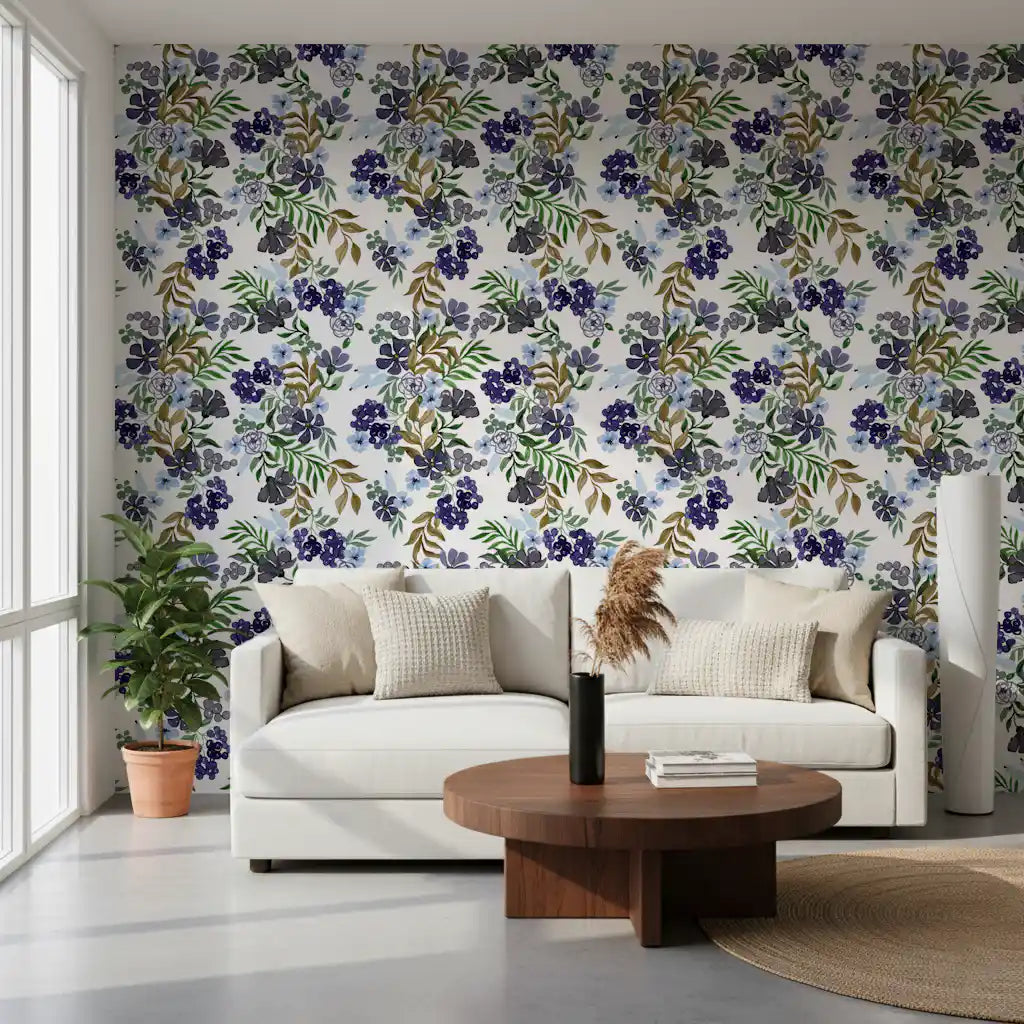 Papier peint à motif de baies et de feuilles aquarellées⁠