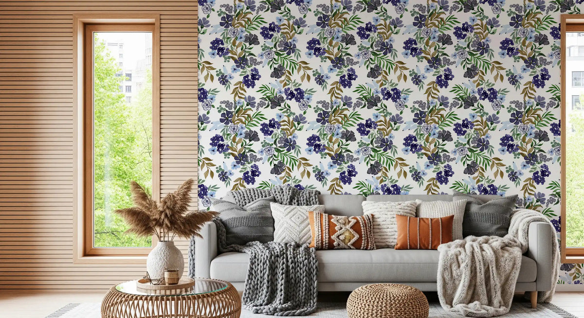 Papier peint à motif de baies et de feuilles aquarellées⁠