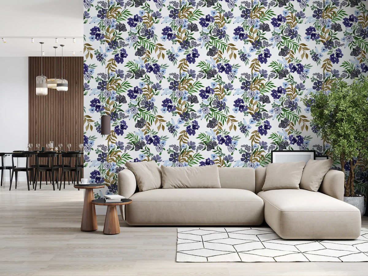 Papier peint à motif de baies et de feuilles aquarellées⁠