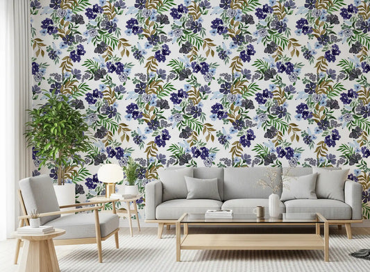 Behang met aquarelmotief van bessen en bladeren