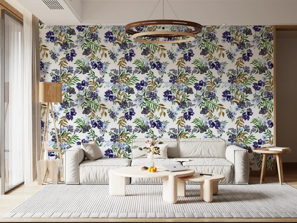 Papier peint à motif de baies et de feuilles aquarellées⁠