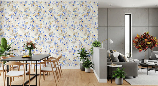 Botanisch bloemenbehang in aquarelstijl met blauw en beige