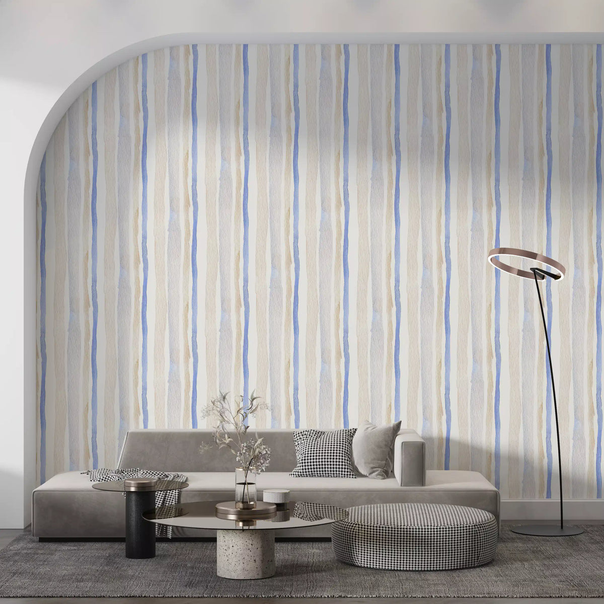 Behang met serene aquarelstrepen in blauw en beige⁠