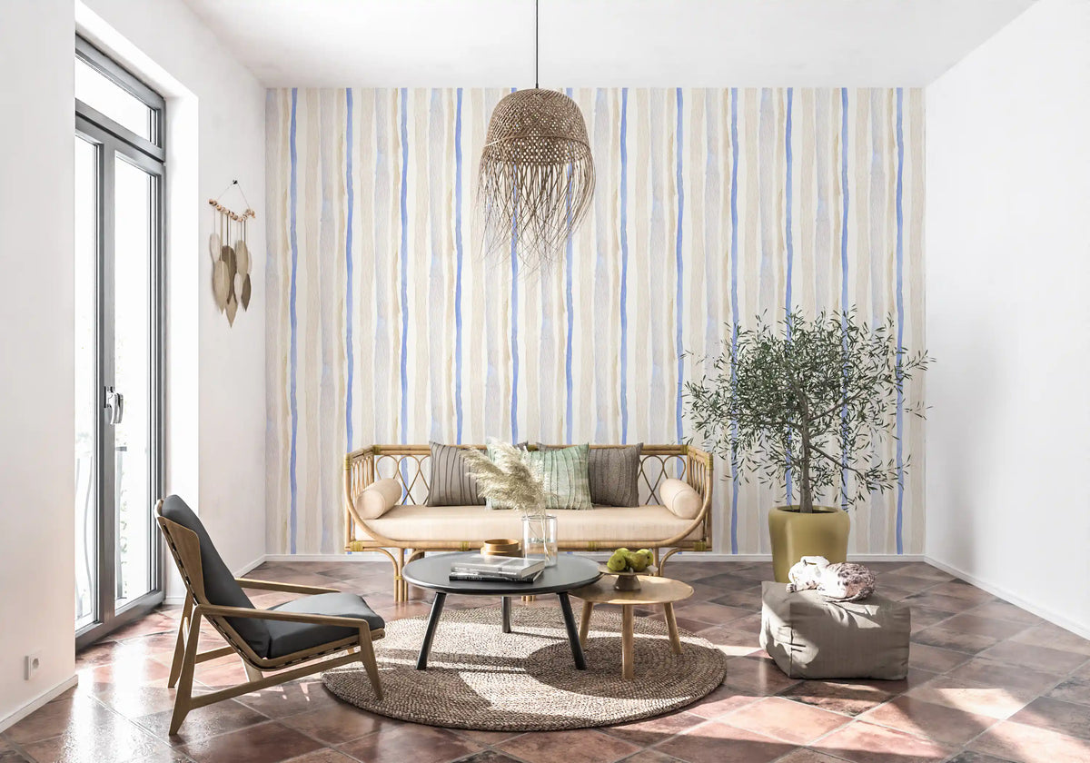 Behang met serene aquarelstrepen in blauw en beige⁠