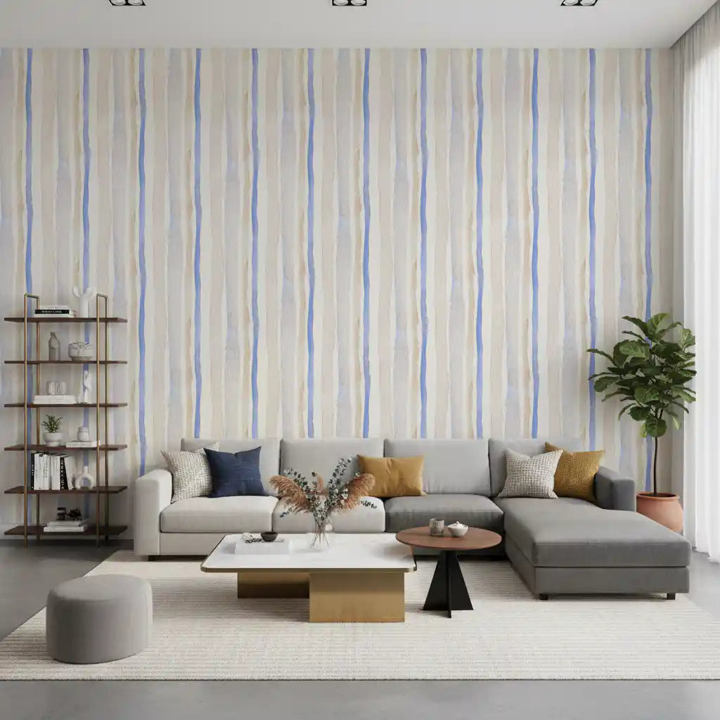 Behang met serene aquarelstrepen in blauw en beige⁠