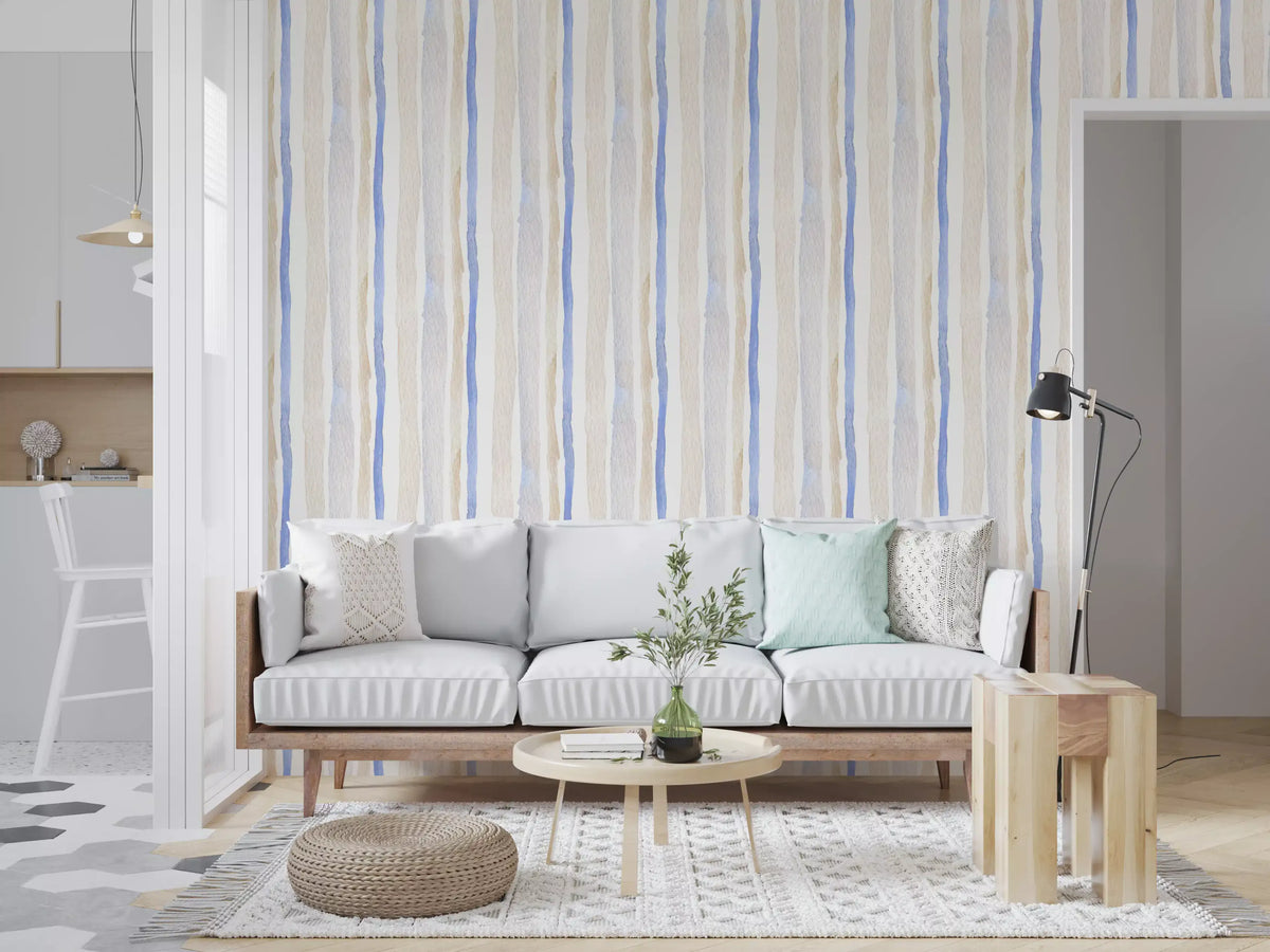 Behang met serene aquarelstrepen in blauw en beige⁠