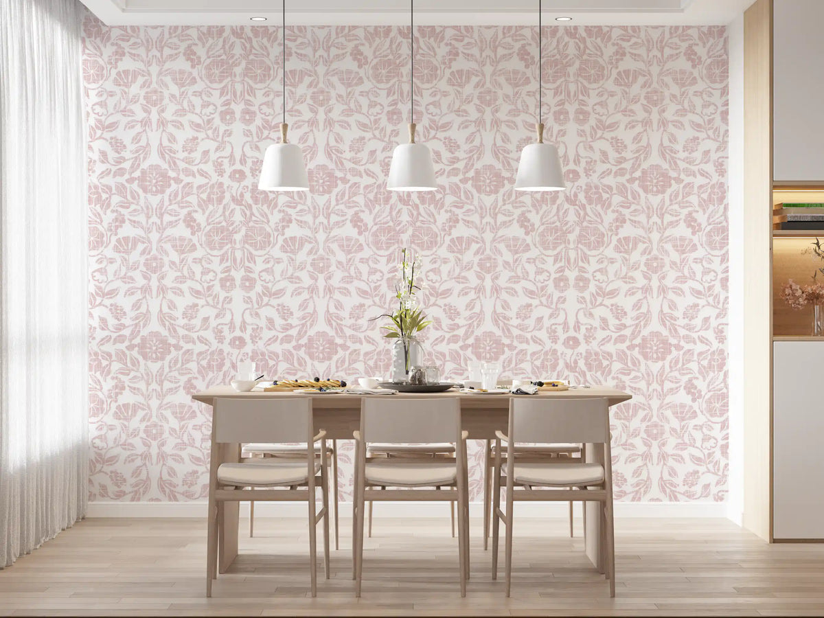Papier peint texturé à motif de vigne damassée rose