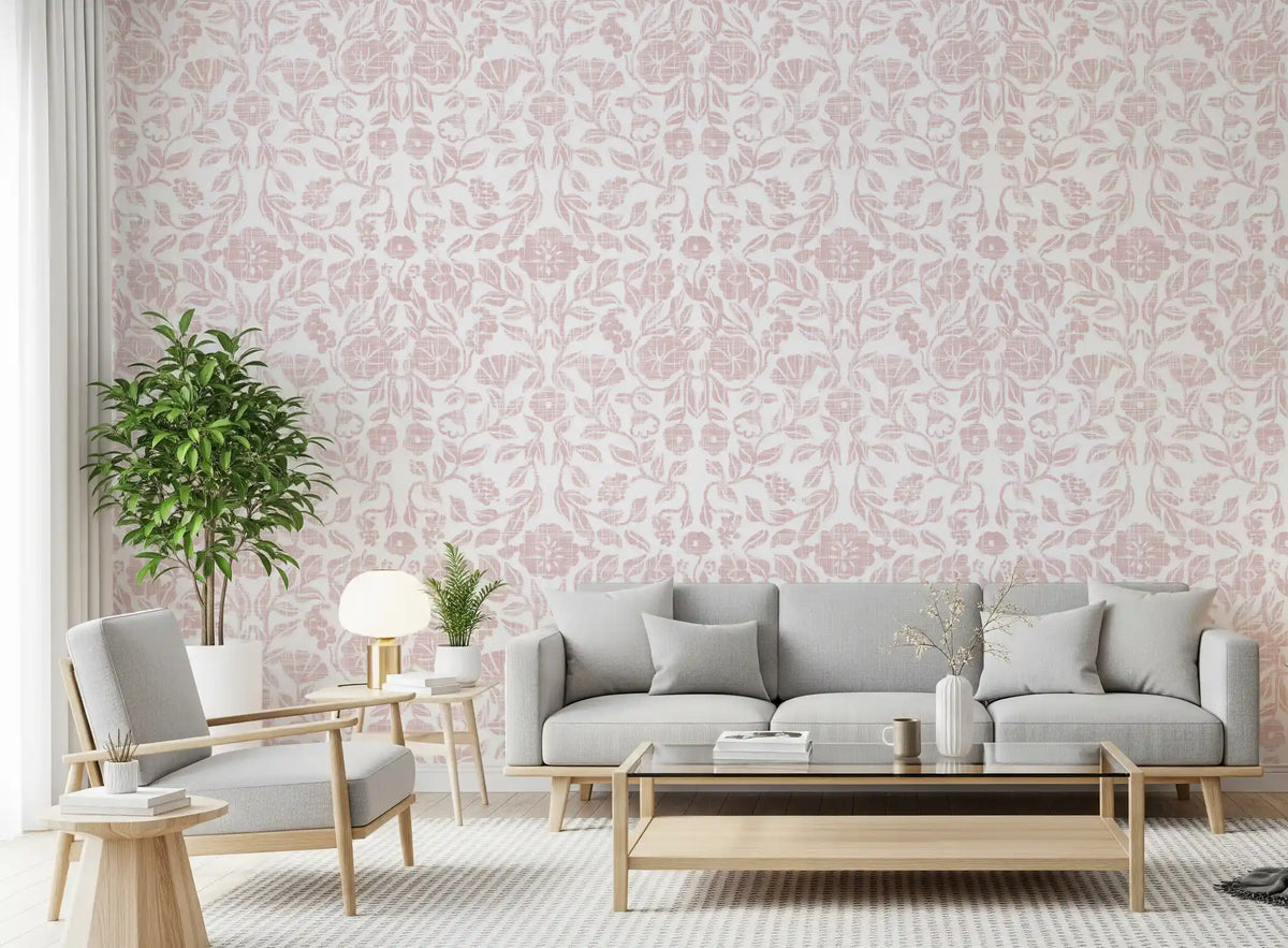 Papier peint texturé à motif de vigne damassée rose