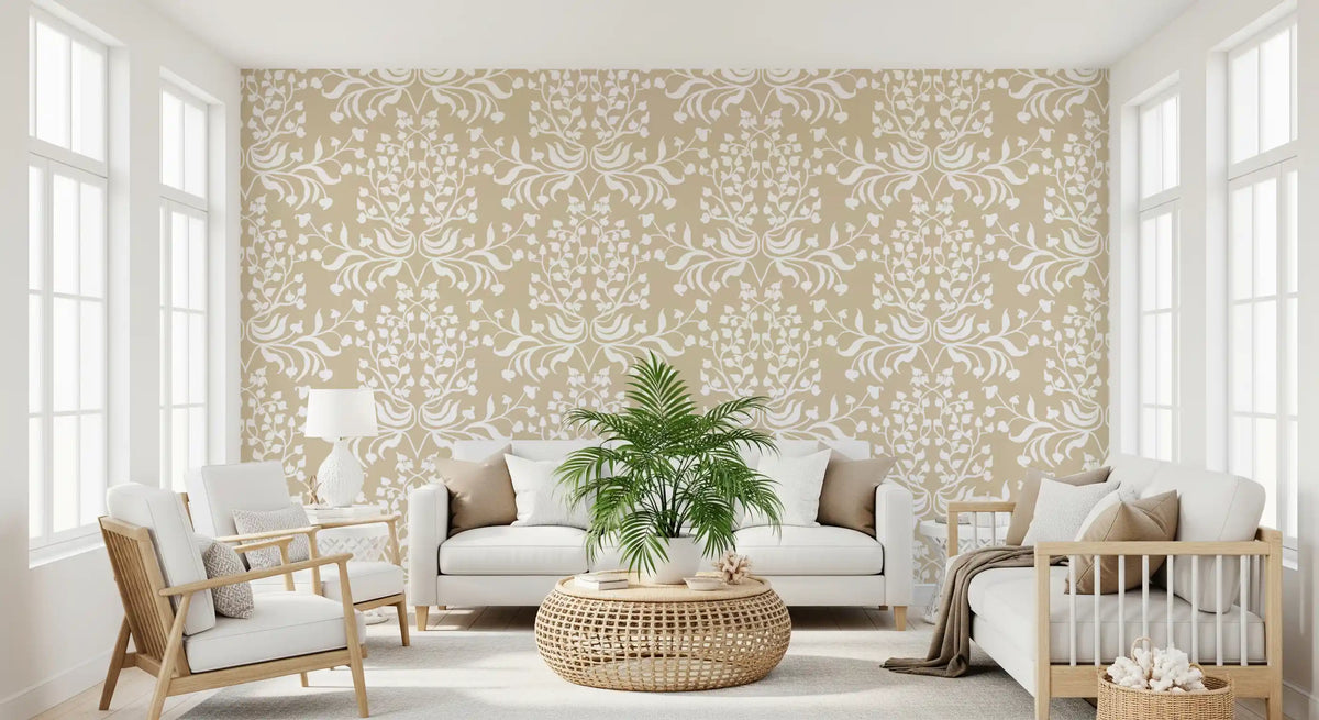 Tapete mit Damast-Silhouette in Creme und Weiß