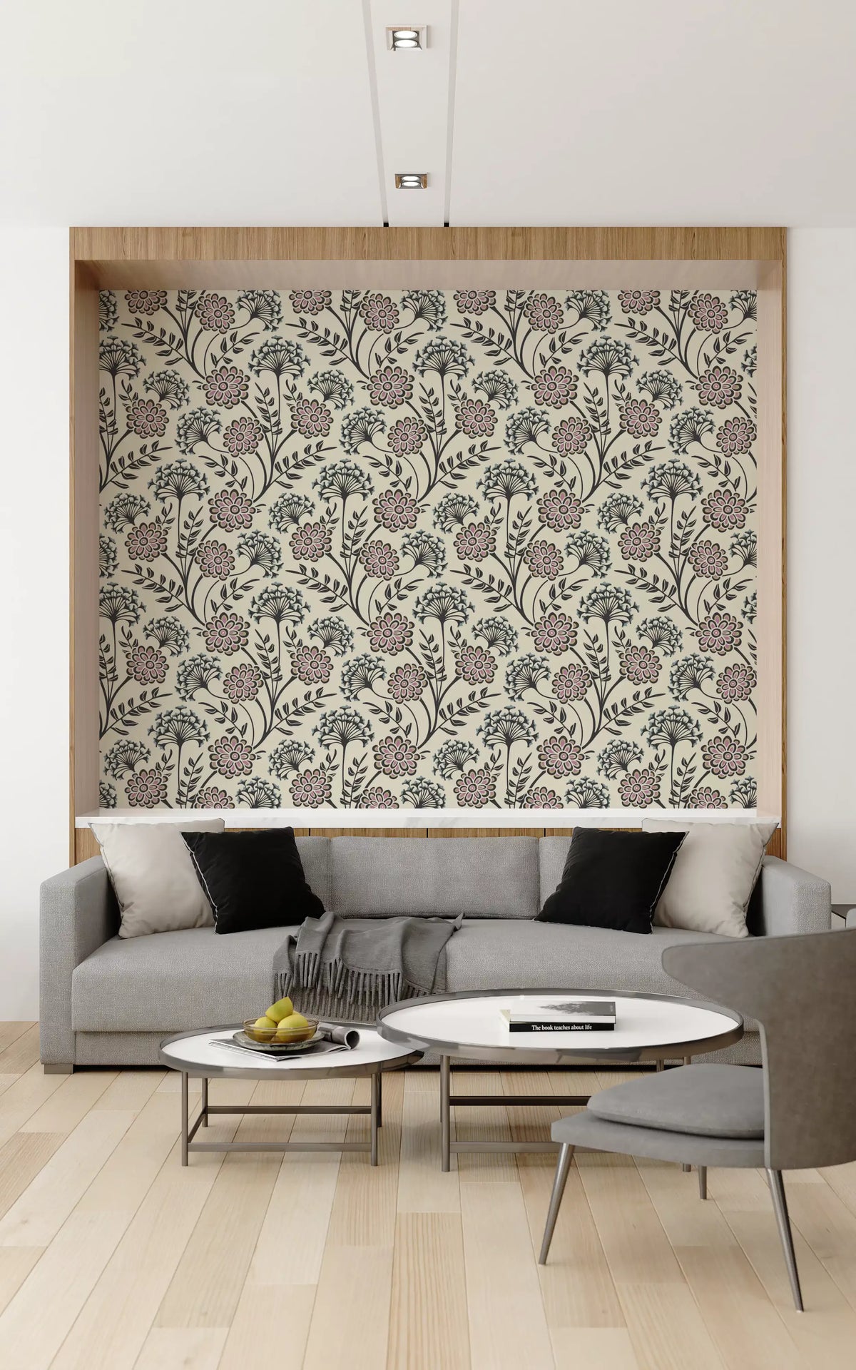 Danube Retro Vintage-Blumentapete mit Zinnien und Wiesenkerbel in Anthrazit und Ecru