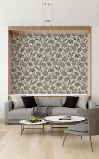 Danube Retro Vintage-Blumentapete mit Zinnien und Wiesenkerbel in Anthrazit und Ecru