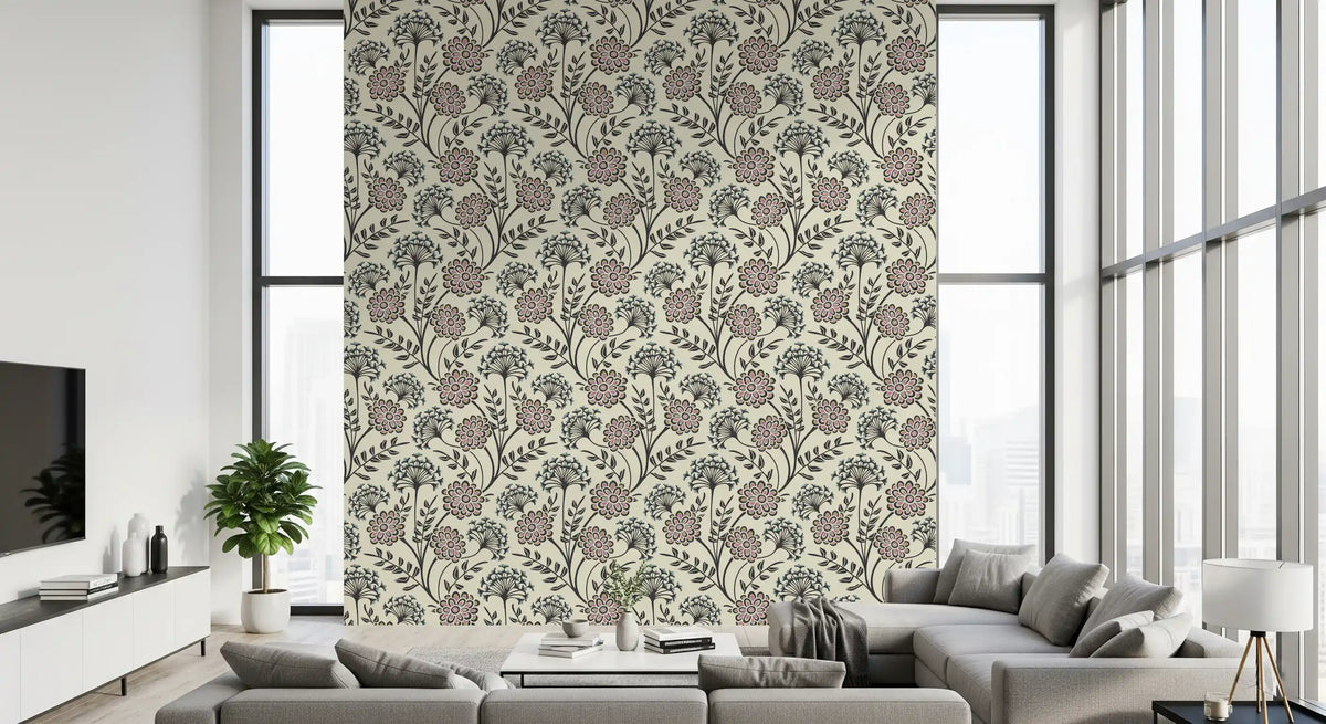 Danube Retro Vintage-Blumentapete mit Zinnien und Wiesenkerbel in Anthrazit und Ecru