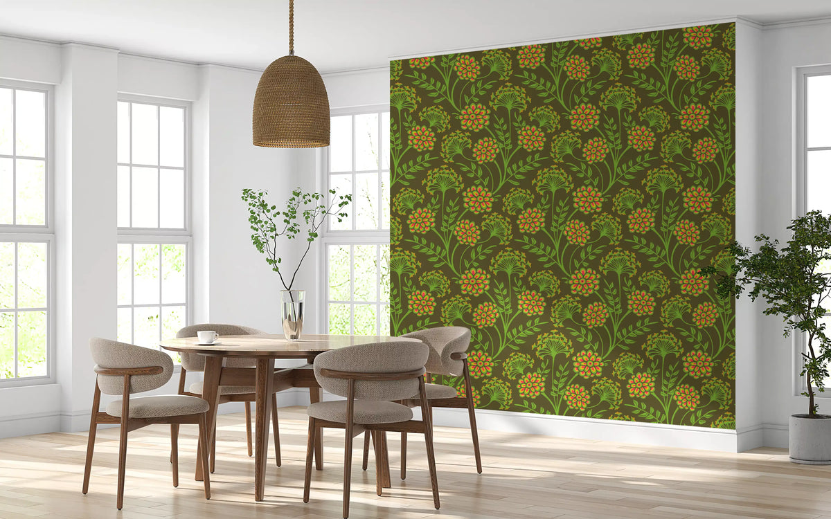 Danube retro vintage-blomstertapet med zinnia og hundepersille i gul og mosgrøn