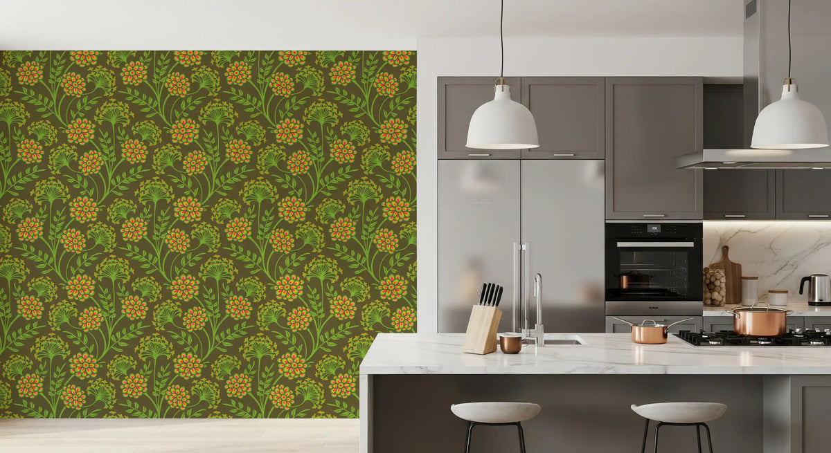 Danube retro vintage-blomstertapet med zinnia og hundepersille i gul og mosgrøn