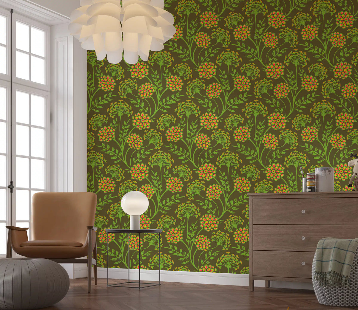 Danube retro vintage-blomstertapet med zinnia og hundepersille i gul og mosgrøn