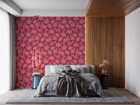 Danube retro-vintage blomstret tapet med zinnia og vild gulerod i viva magenta-rød