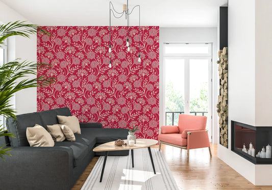 Danube retro-vintage blomstret tapet med zinnia og vild gulerod i viva magenta-rød
