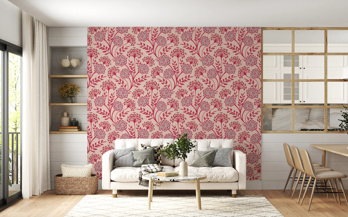 Danube Retro vintage bloemenbehang met zinnia en fluitenkruid in Viva Magenta-rood en Warm Sand