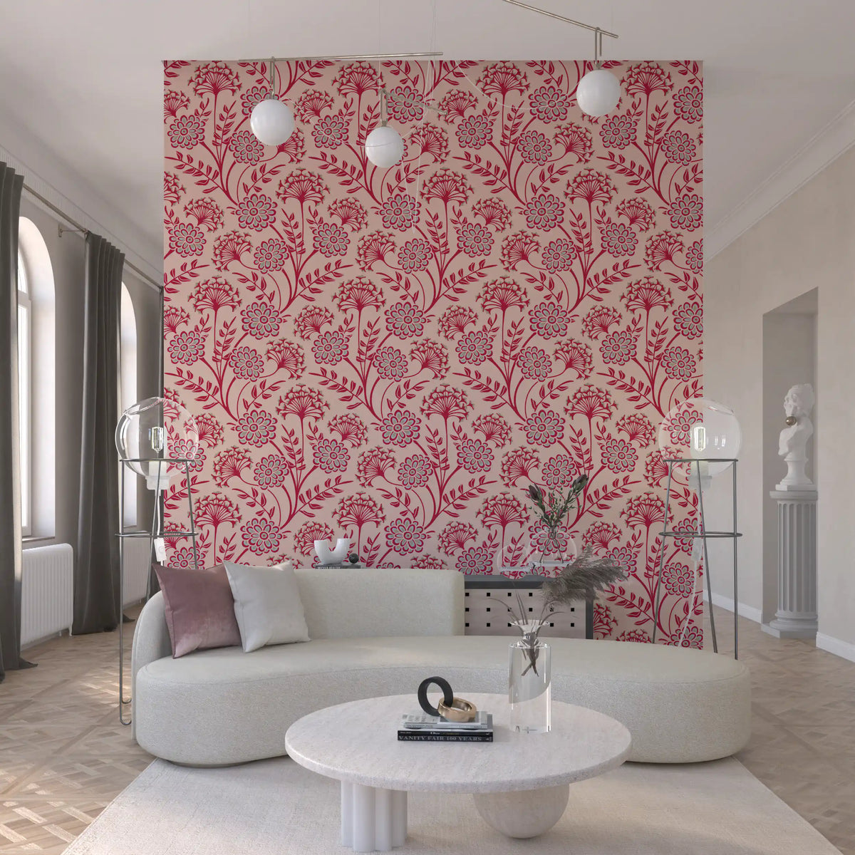 Danube Retro vintage bloemenbehang met zinnia en fluitenkruid in Viva Magenta-rood en Warm Sand
