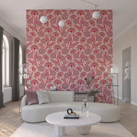 Danube Retro vintage bloemenbehang met zinnia en fluitenkruid in Viva Magenta-rood en Warm Sand